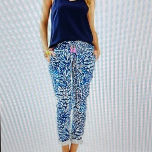 Lilly Pulitzer Linen Ankle Pants Women M Indigo White Pink Tassels Boho Coastal - Picture 4 of 11